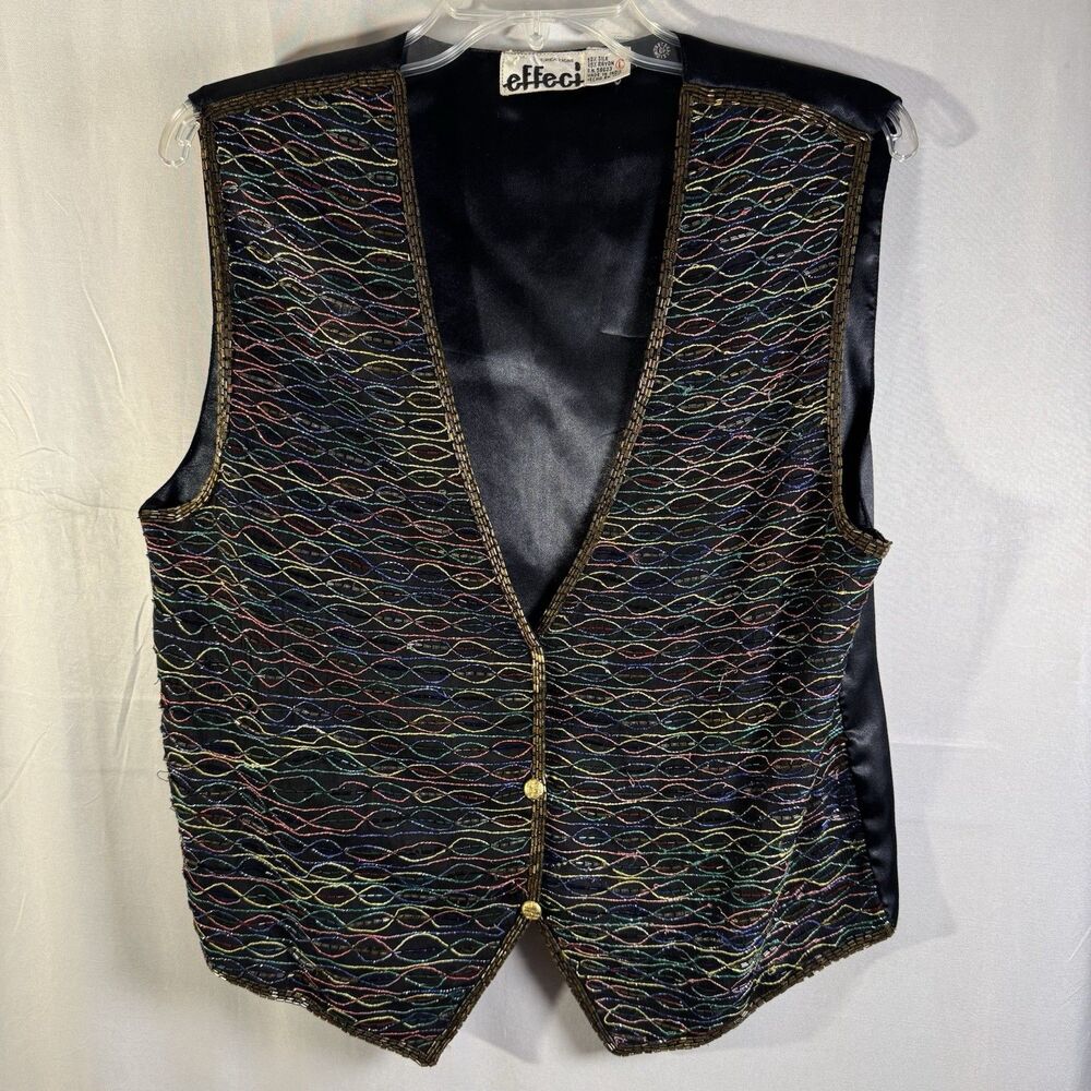 Vintage Effeci Vest Women’s L Black Multicolor Embroidered Satin Holiday Party